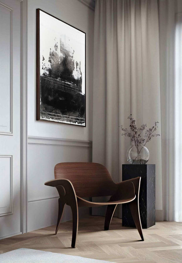 Till the End of Time, black original abstract painting shown in a styled living room, by Nemanja Nikolic