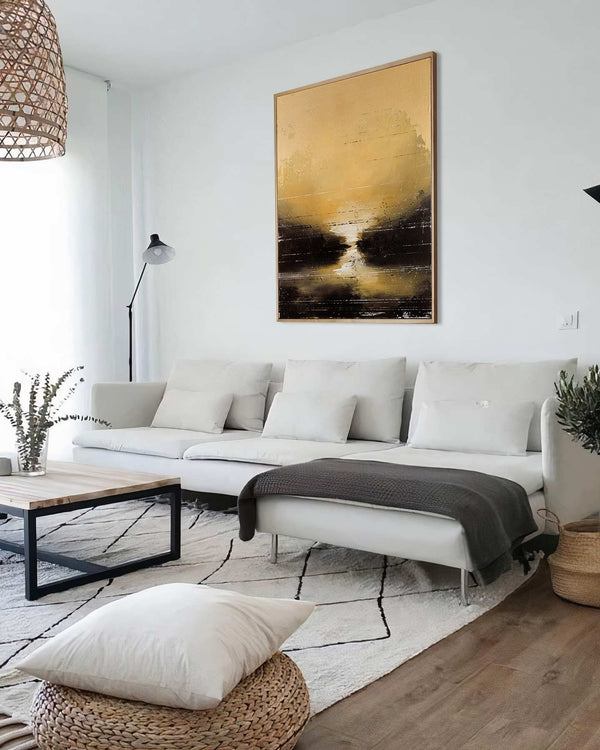 Time For a New Start, gold original abstract painting shown in a styled living room, by Nemanja Nikolic