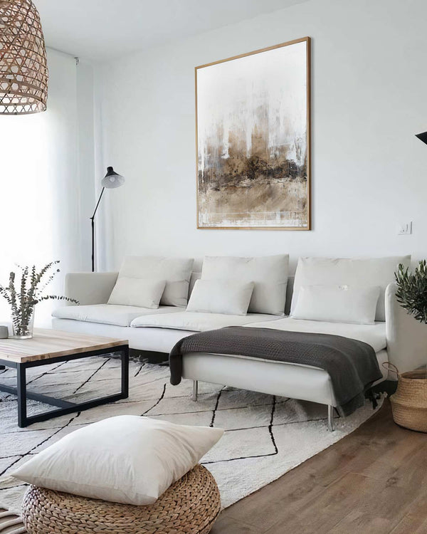 Time has come, white original abstract painting shown in a styled living room, by Nemanja Nikolic