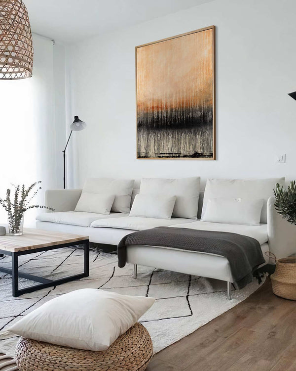 Timelessness, orange original abstract painting shown in a styled living room, by Nemanja Nikolic