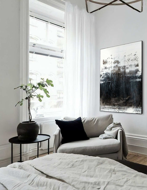 To The Core, black original abstract painting shown in a modern interior, by Nemanja Nikolic