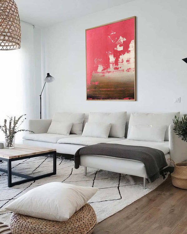 Together Again, red original abstract painting shown in a styled living room, by Nemanja Nikolic