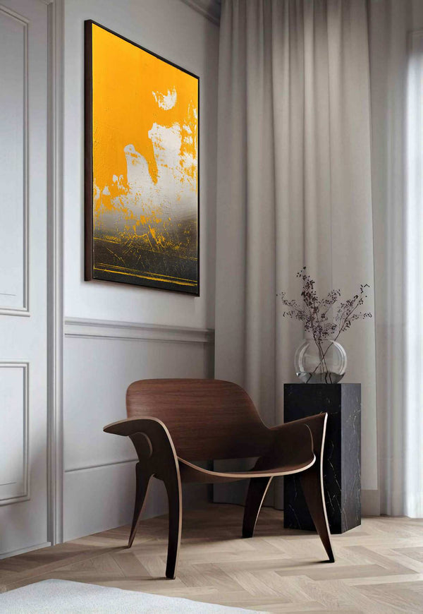 Too Close To The Fire, yellow original abstract painting shown in a styled living room, by Nemanja Nikolic