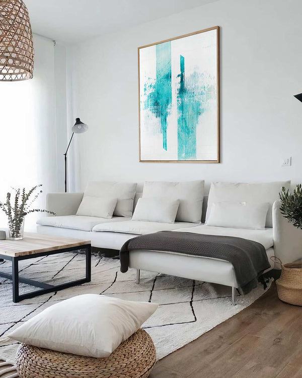 To the End of the Earth, turquoise original abstract painting shown in a styled living room, by Nemanja Nikolic