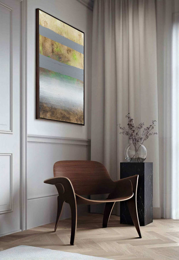 Two stripes and a gradient, beige original abstract painting shown in a styled living room, by Nemanja Nikolic