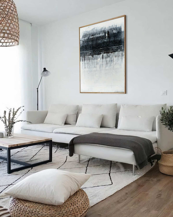 Umbra, black original abstract painting shown in a styled living room, by Nemanja Nikolic
