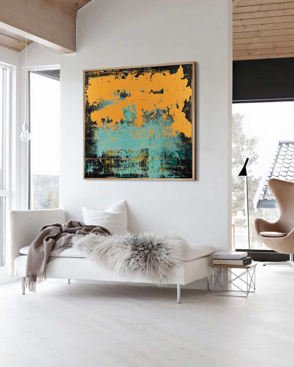 Unbreakable, orange original abstract painting shown in a styled living room, by Nemanja Nikolic