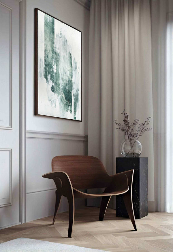Underside, green original abstract painting shown in a styled living room, by Nemanja Nikolic