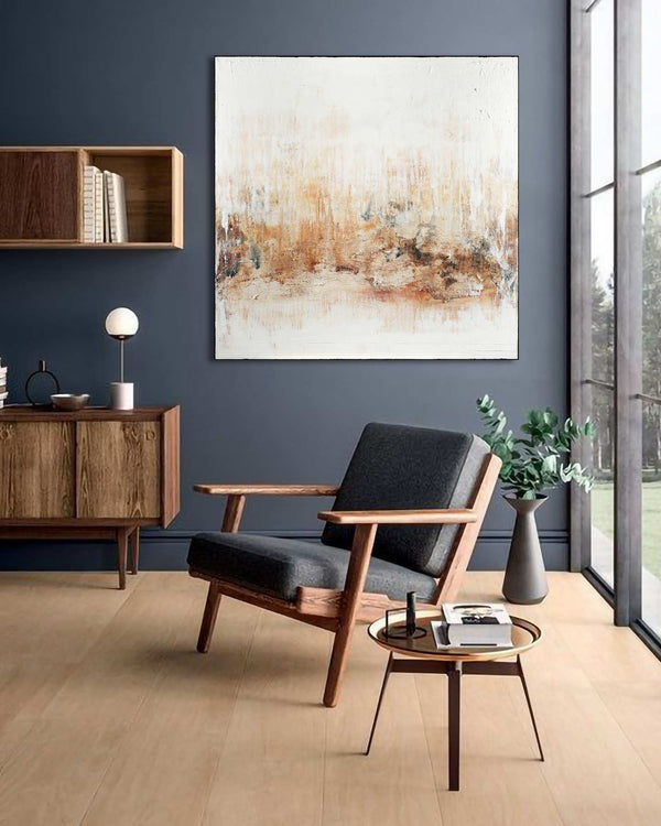 Venus, cream original abstract painting shown in a styled living room, by Nemanja Nikolic