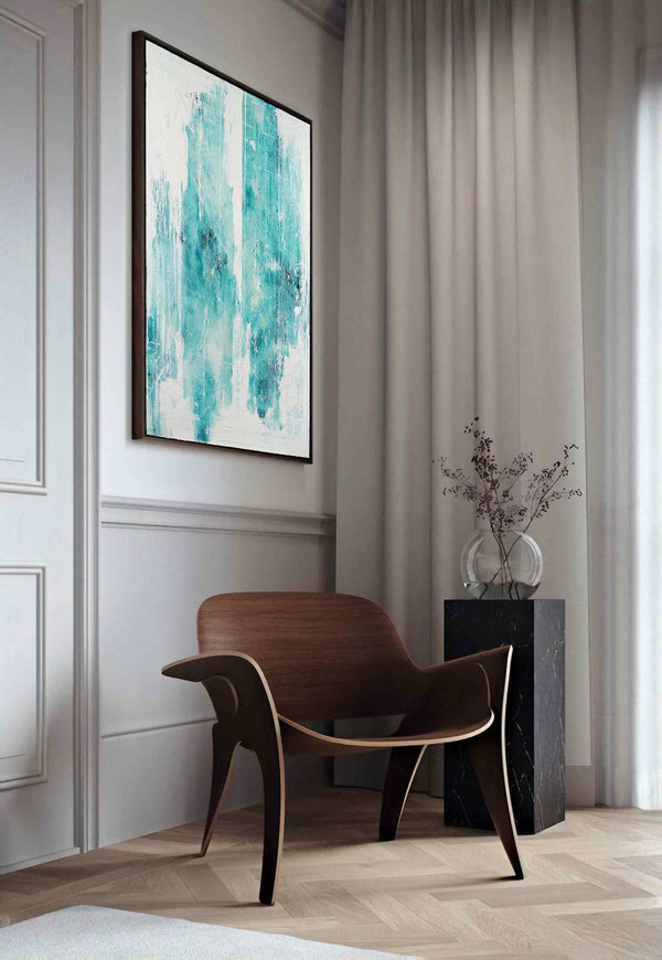 Verglas, turquoise original abstract painting shown in a styled living room, by Nemanja Nikolic