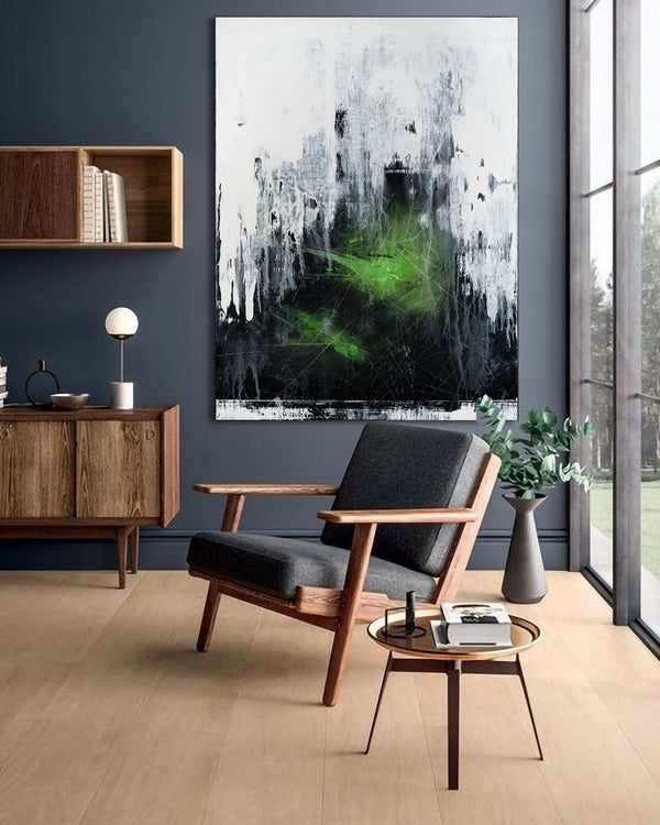 Viridis Caelum, white original abstract painting shown in a styled living room, by Nemanja Nikolic