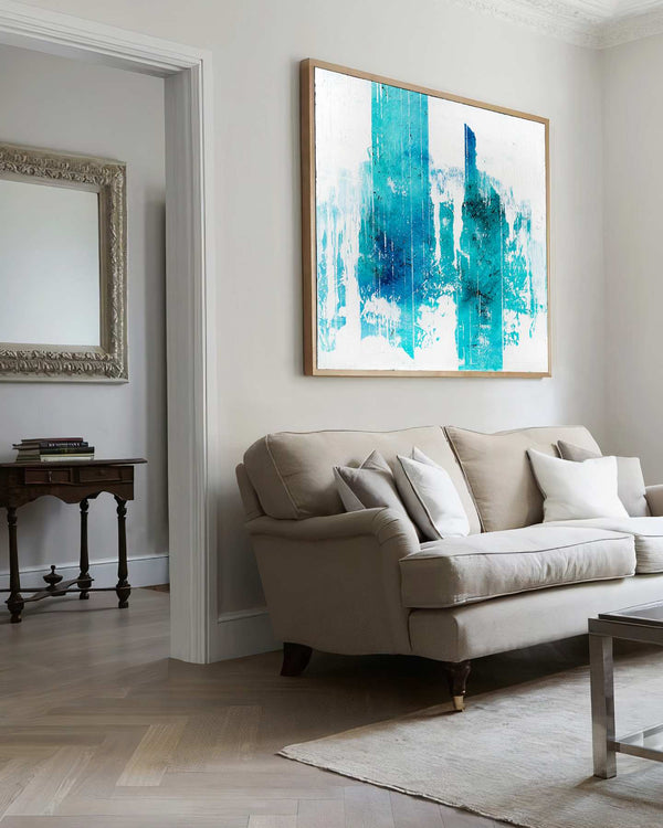 Vis Maior, teal original abstract painting shown in a styled living room, by Nemanja Nikolic