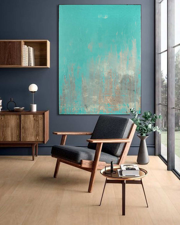 Voyage, turquoise original abstract painting shown in a styled living room, by Nemanja Nikolic