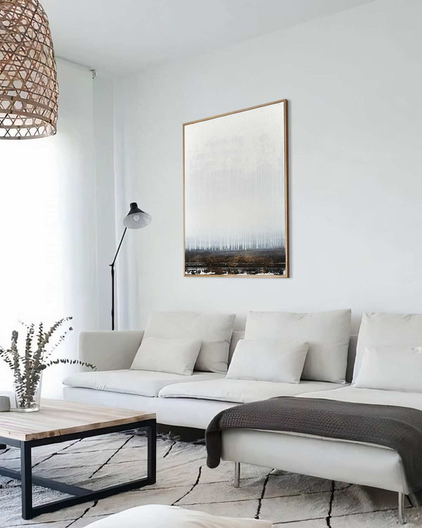Wake Me Up Inside, white original abstract painting shown in a styled living room, by Nemanja Nikolic