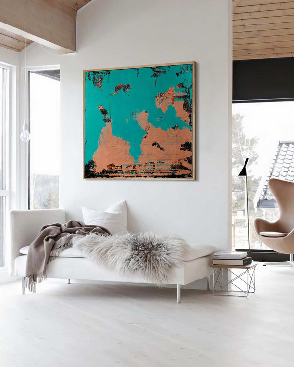 Warmth, teal original abstract painting shown in a styled living room, by Nemanja Nikolic