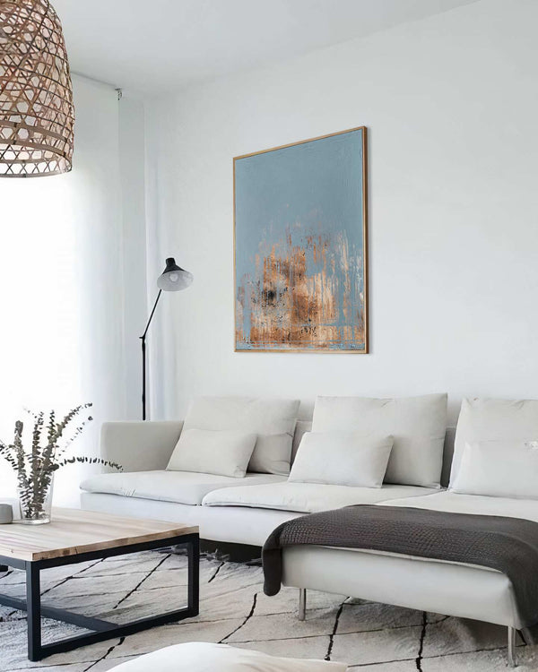 When We Dance, grey original abstract painting shown in a styled living room, by Nemanja Nikolic