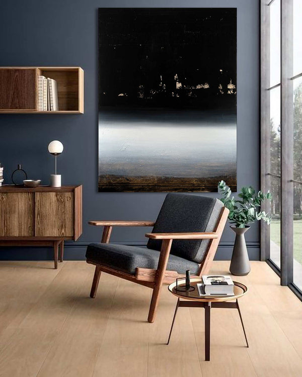 When the Earth Turns Black, black original abstract painting shown in a styled living room, by Nemanja Nikolic