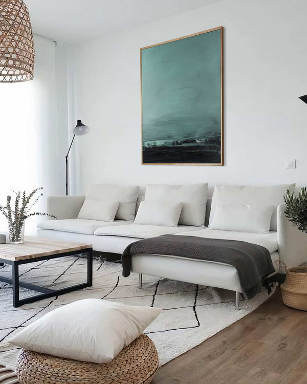 Where All Searches End, green original abstract painting shown in a modern interior, by Nemanja Nikolic
