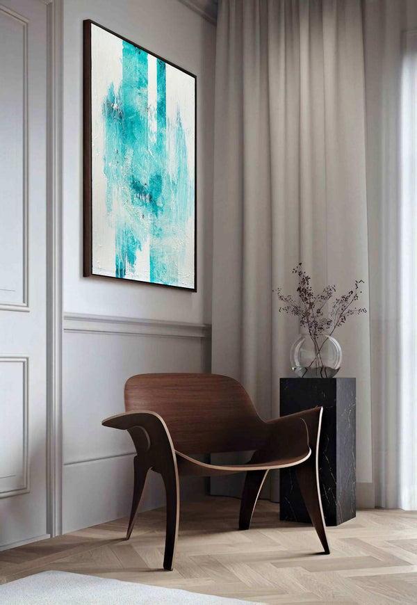 White Majesty, turquoise original abstract painting shown on a feature wall, by Nemanja Nikolic