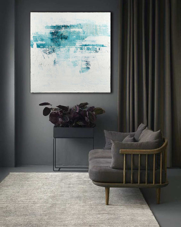 White Scenery, white original abstract painting shown in a contemporary room setting, by Nemanja Nikolic