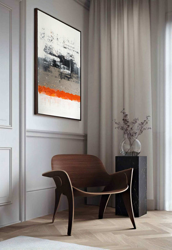 White Sorrow, grey original abstract painting shown in a modern interior, by Nemanja Nikolic