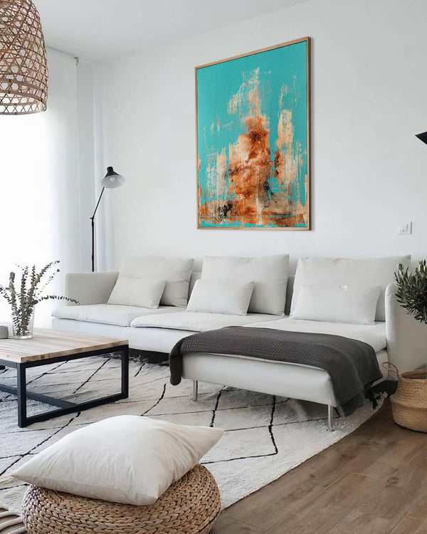 Without Your Touch, turquoise original abstract painting shown in a styled living room, by Nemanja Nikolic