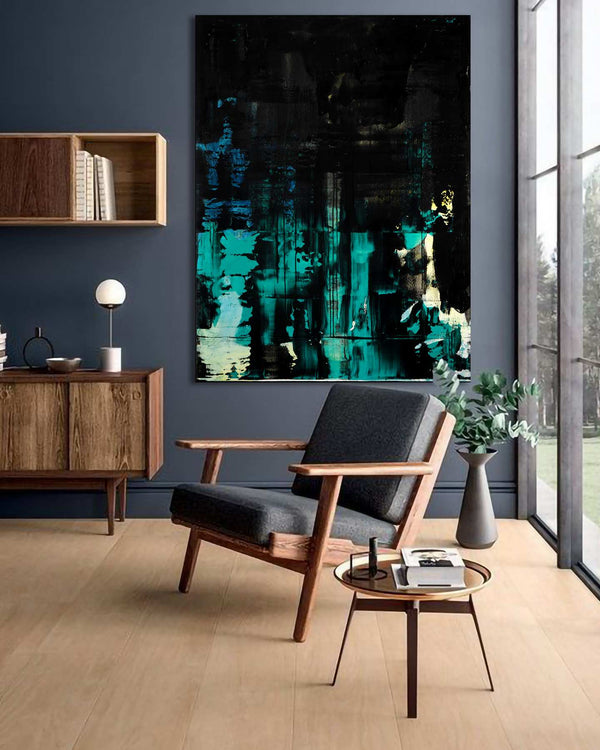 Yellow Modicum, black original abstract painting shown in a styled living room, by Nemanja Nikolic