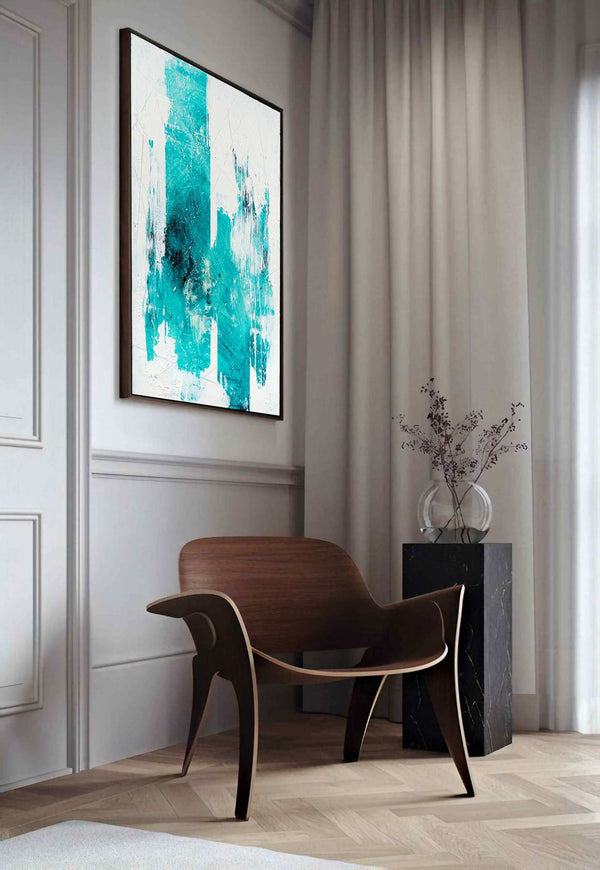 You Swallow Me Whole, turquoise original abstract painting shown in a styled living room, by Nemanja Nikolic